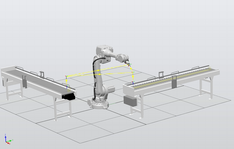 RobotStudio simulation setup , ABB robot flanked by dual conveyors for pick and place.