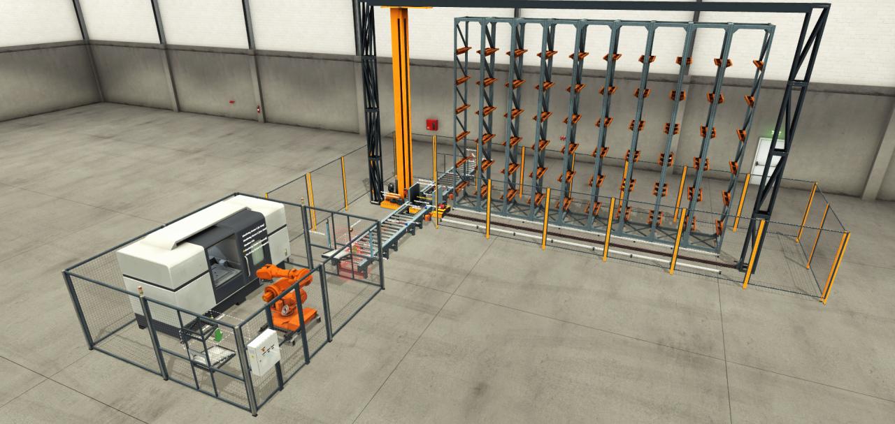 Factory I/O setup: CNC machining cell, 6-axis robot, conveyor, and AS/RS rack.